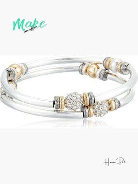 2 Row Bangle Stretch Tri Tone Crystal Accent Bracelet Set
